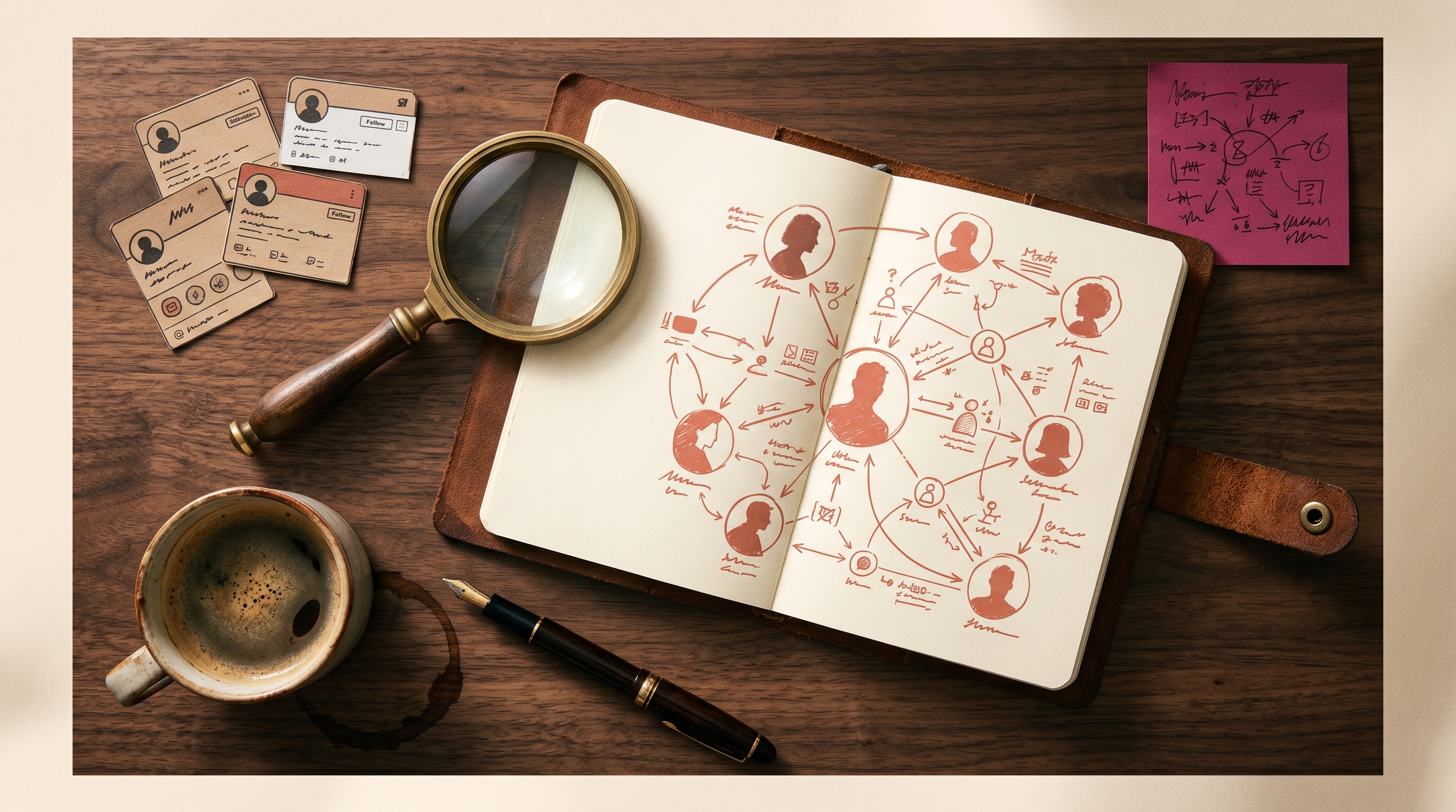 Overhead investigator's desk — notebook with sketched portraits, brass magnifying glass, social-profile-shaped cards, fountain pen, magenta sticky note