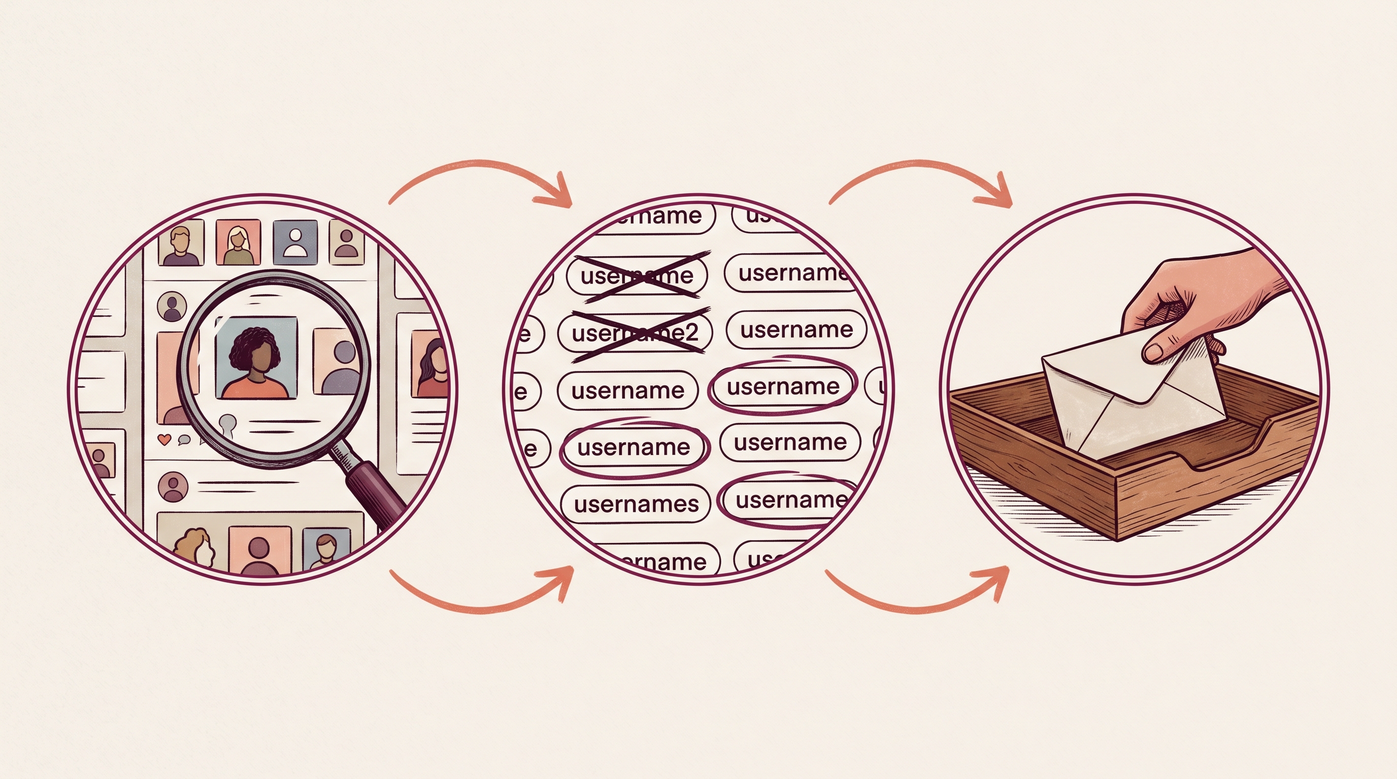 Three-step investigative process — magnifying glass over a feed, username tags being filtered, envelope in tray — connected by terracotta arrows