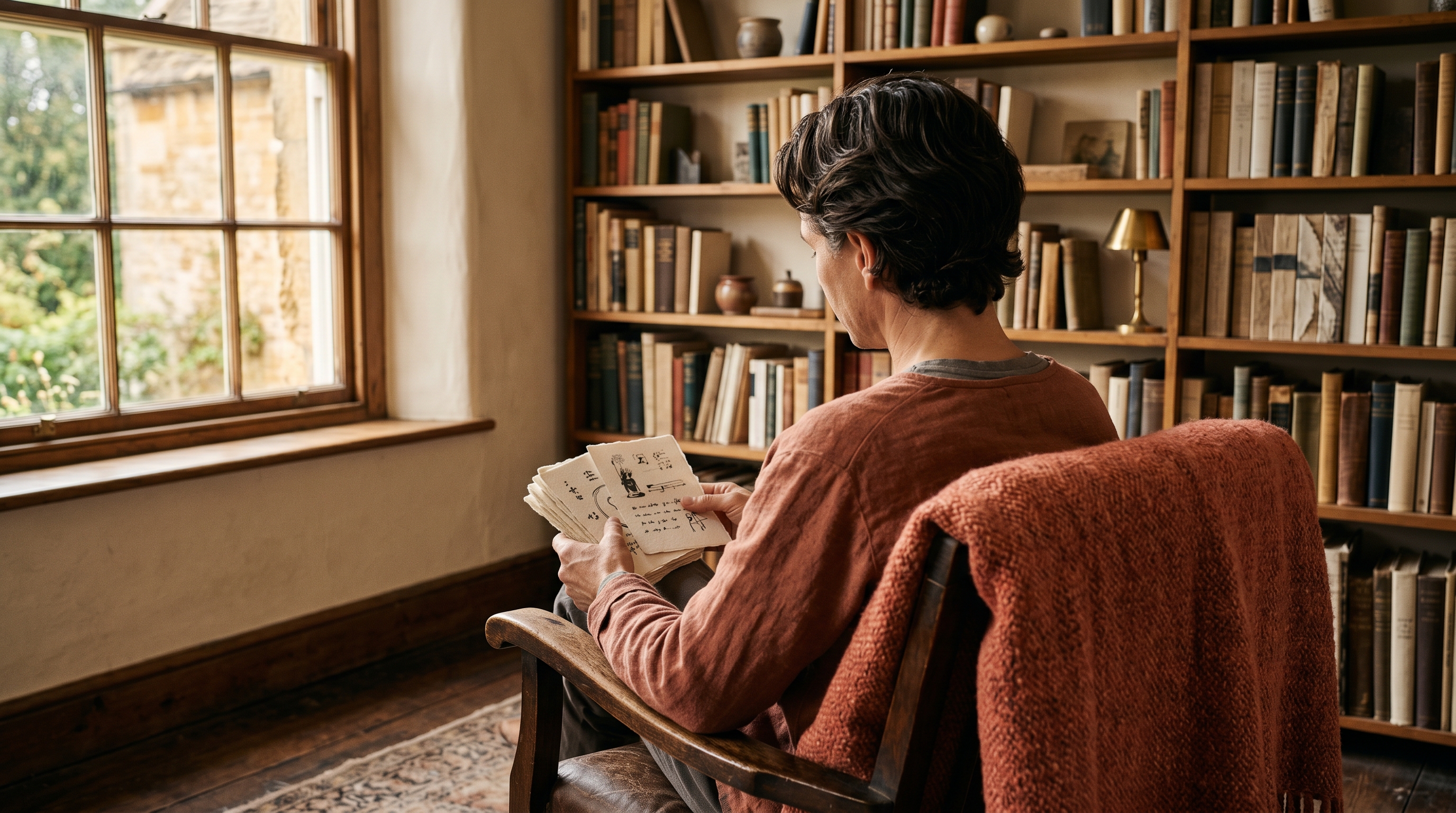 Over-the-shoulder portrait of someone reading profile cards in a cozy nook with a terracotta blanket and bookshelves