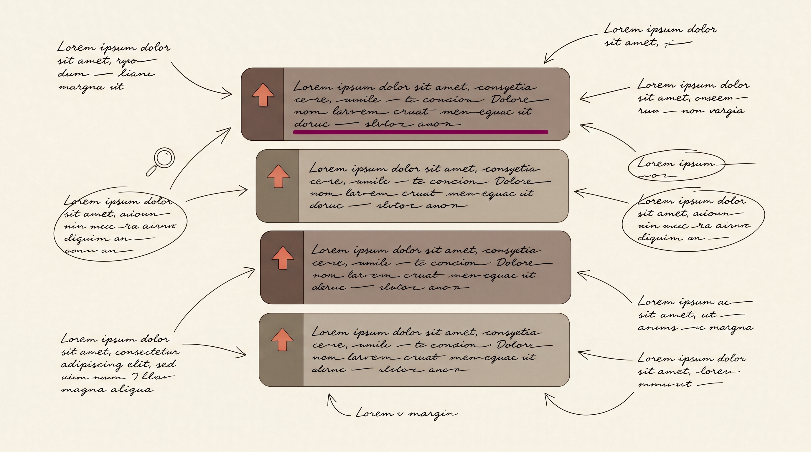 Editorial annotated visualization of a Reddit thread — stacked cards with terracotta vote arrows, hand-drawn annotations and a magnifying glass